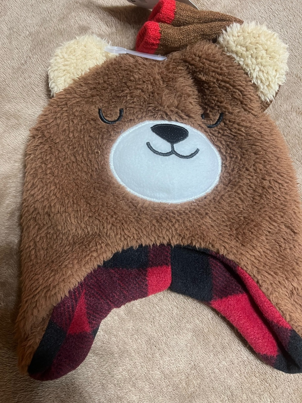 Brown Bear Plush Kids Hat with Red Plaid Trim